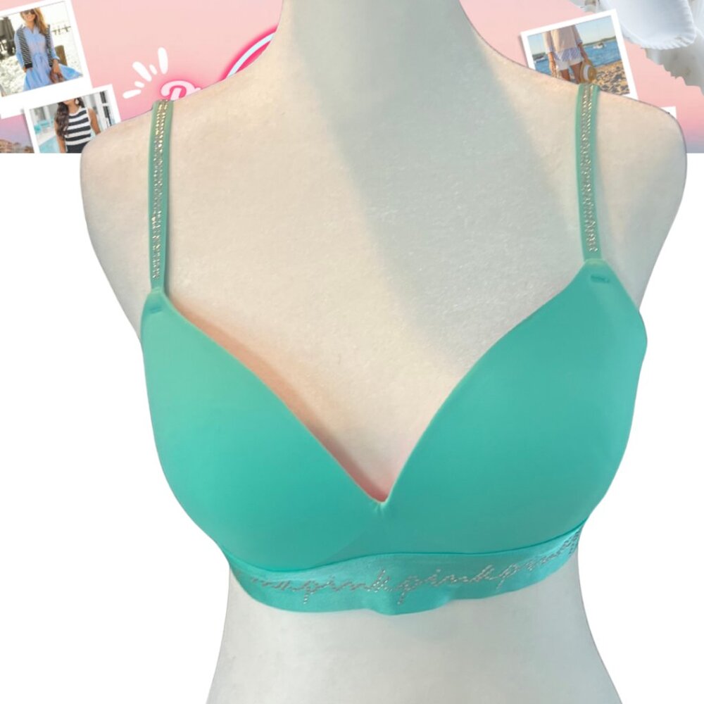PINK Victoria's Secret Wear Everywhere Wireless Push-Up Bra 32D Turquoise Bling